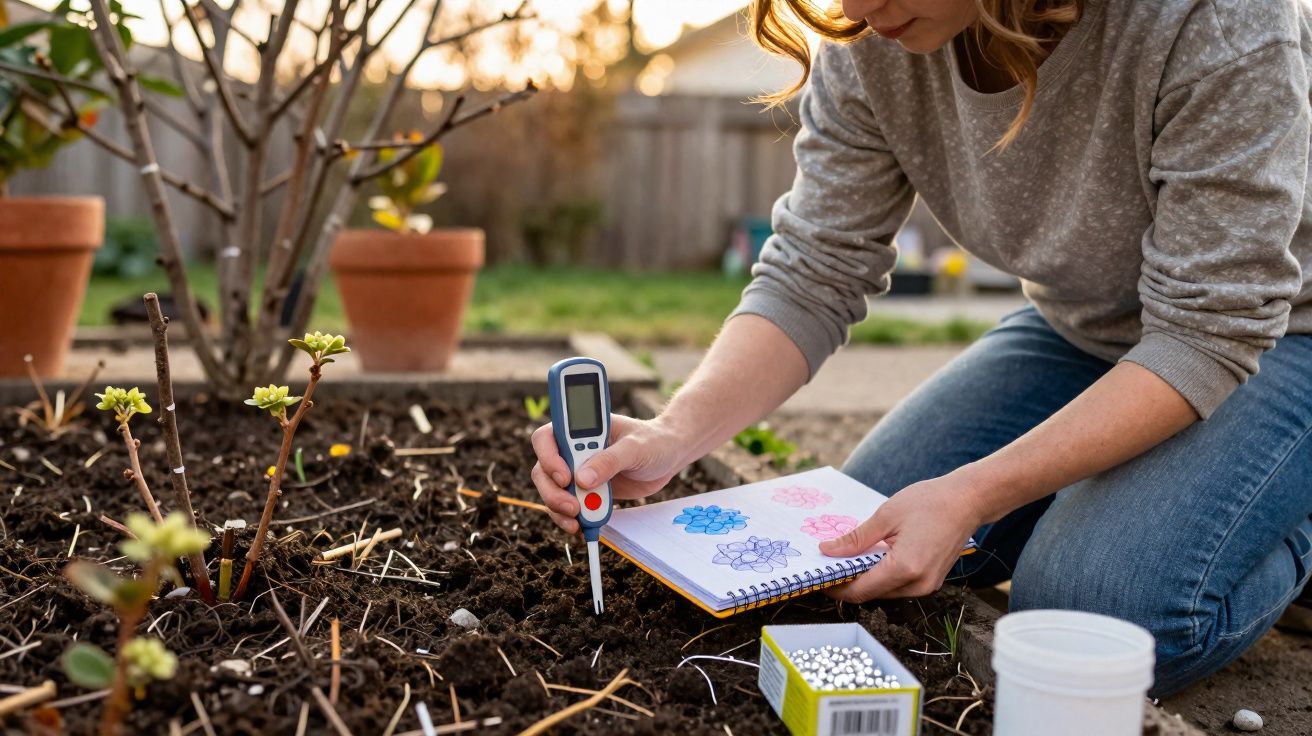 Pessoa medindo a umidade do solo em um jardim, com caderno e caixa de sementes ao lado.