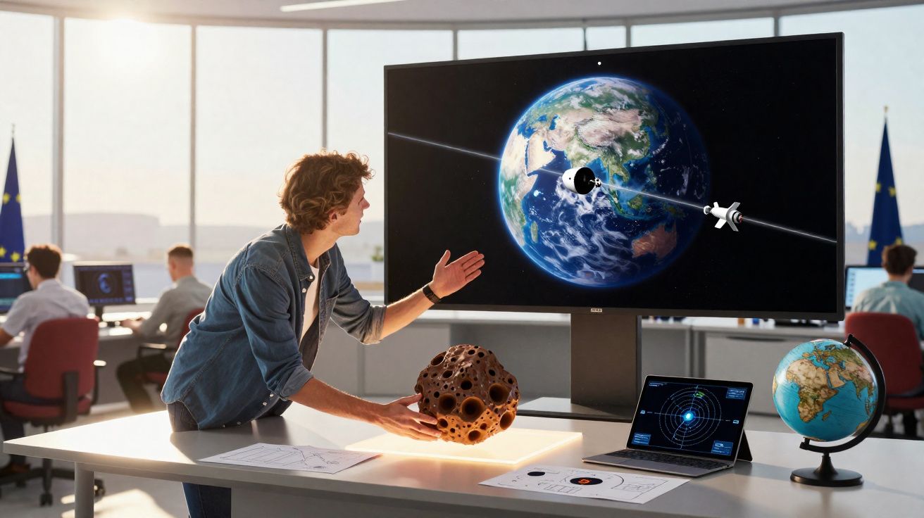 Homem apresenta modelo de asteroide com simulação do planeta Terra em tela de computador em escritório.