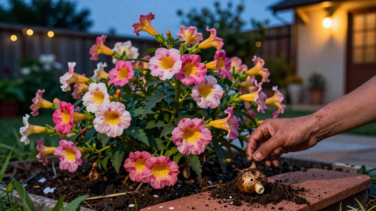 Mãos plantando bulbo de flor rosa e amarela em jardim com casa iluminada ao fundo ao entardecer.