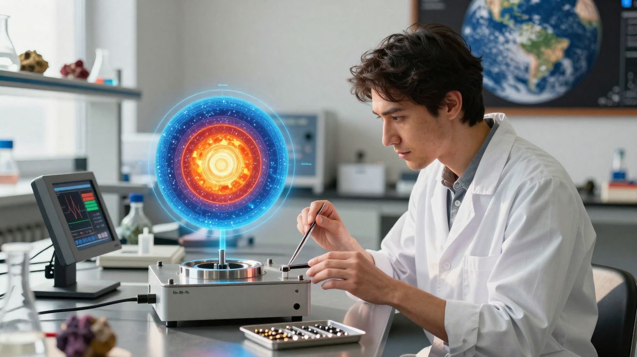 Cientista em laboratório manipulando dispositivo com modelo holográfico do núcleo da Terra.