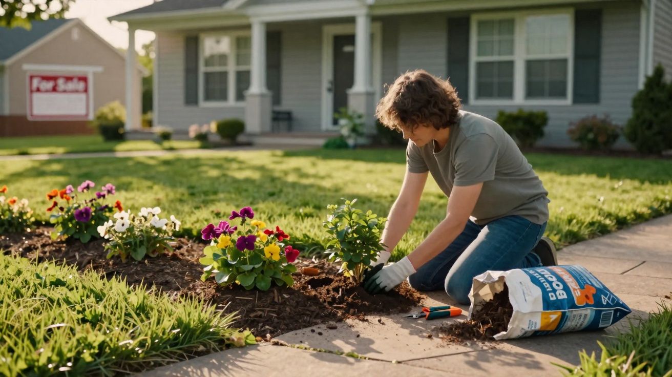 Pessoa jovem plantando flores em jardim de casa com placa de venda ao fundo em dia ensolarado.