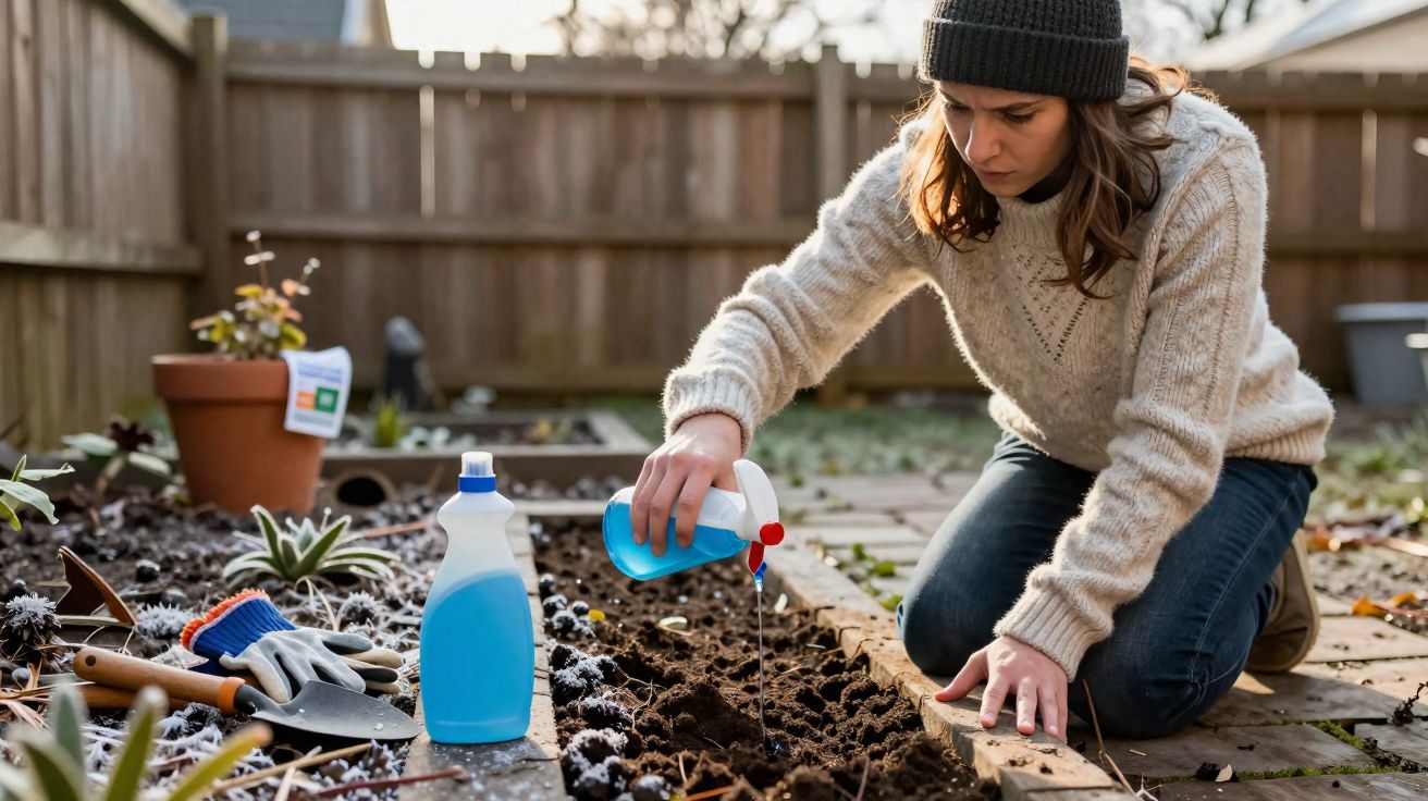 Mulher regando plantas em canteiro de jardim com pulverizador azul, usando suéter e touca preta.