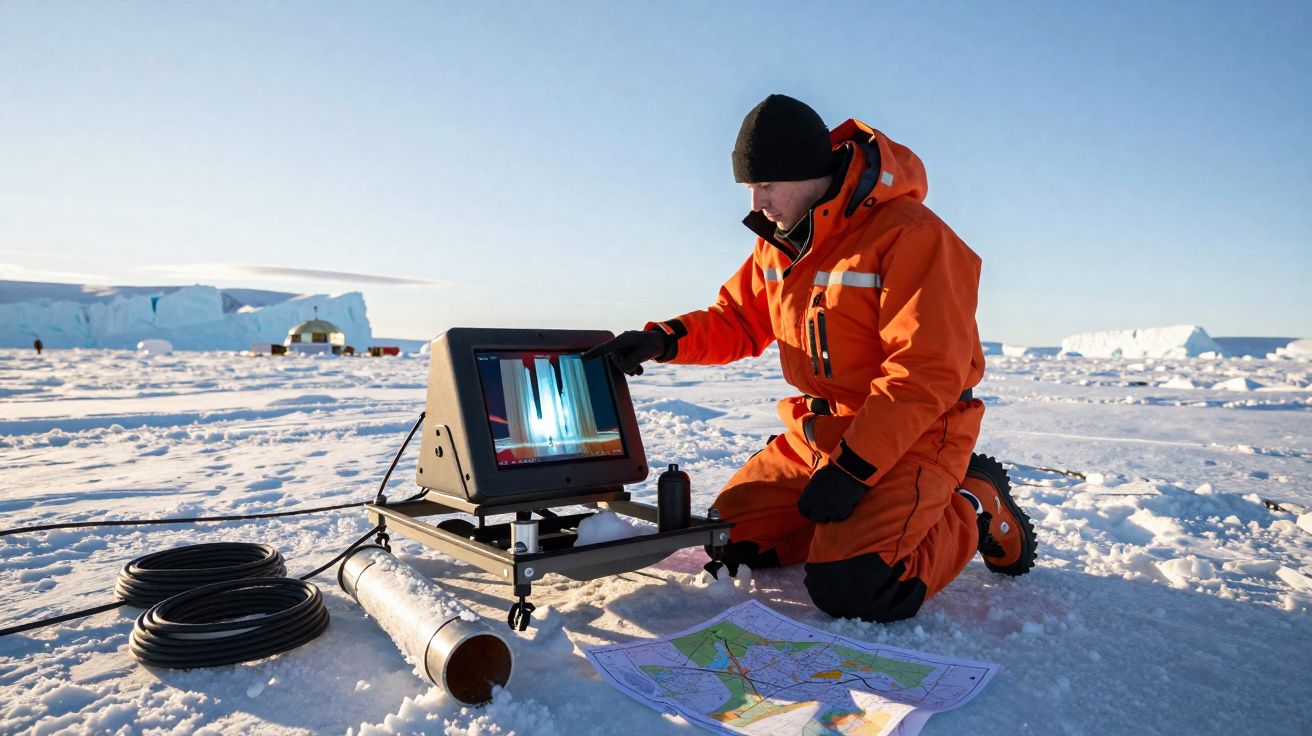 Pesquisador em roupa laranja operando equipamento eletrônico na neve com mapa ao lado e iceberg ao fundo.