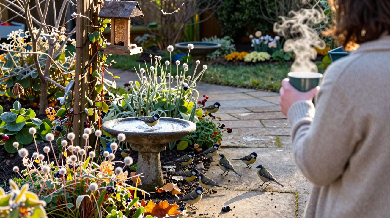 Pessoa segurando caneca fumegante em jardim com bebedouro para pássaros e aves ao redor.