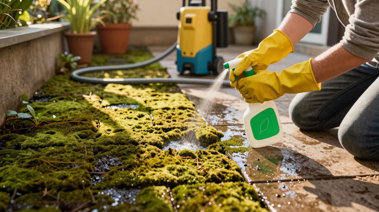 Pessoa com luvas amarelas borrifando produto sobre musgo verde em chão externo molhado.