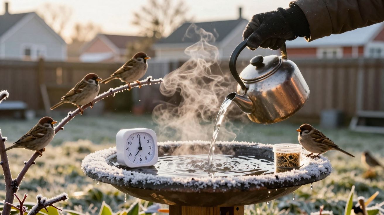 Pessoa despejando água quente em bebedouro congelado para pássaros em manhã fria com relógio e sementes.