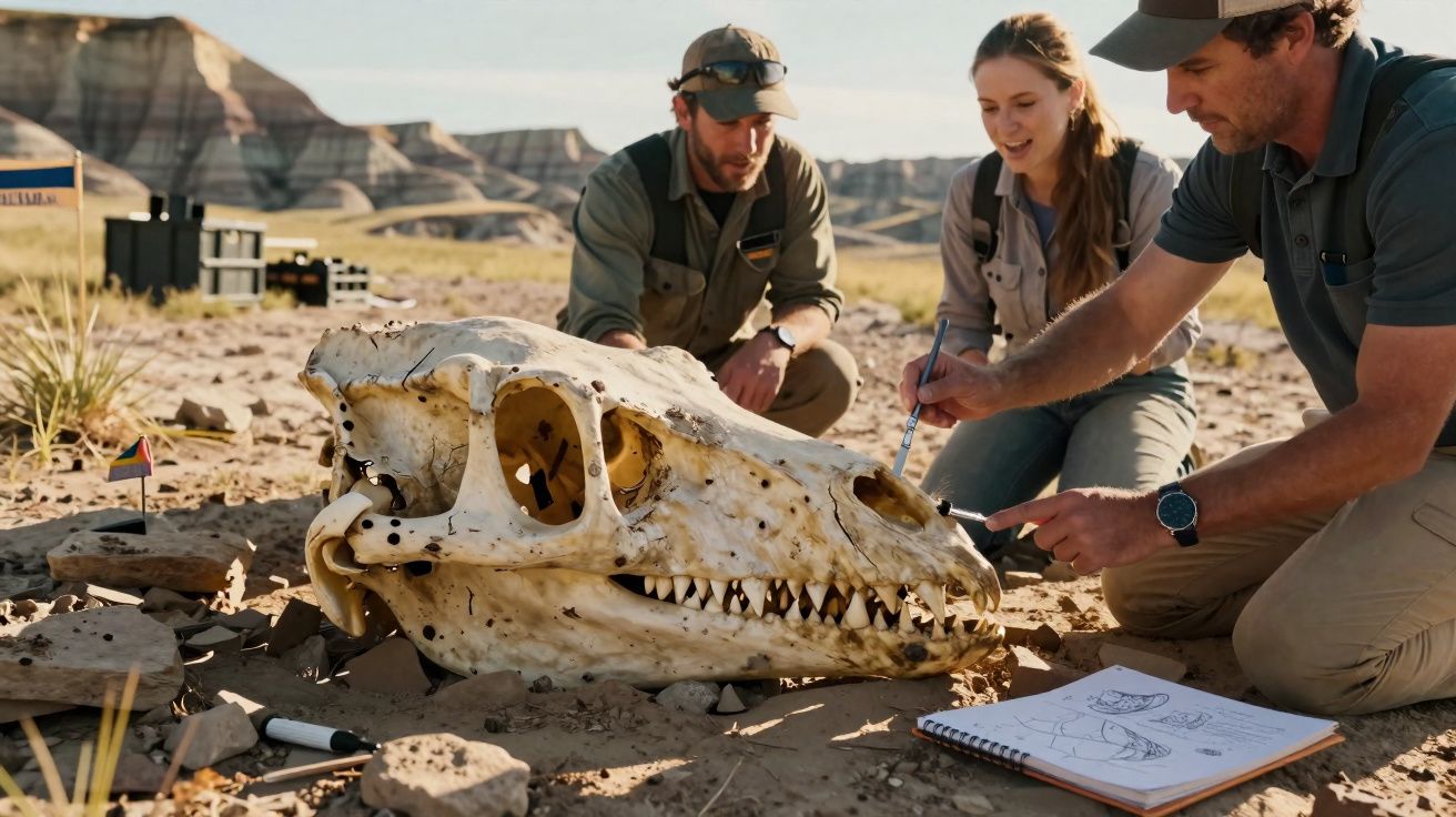 Três paleontólogos analisam e desenham um grande crânio fóssil em um deserto rochoso.