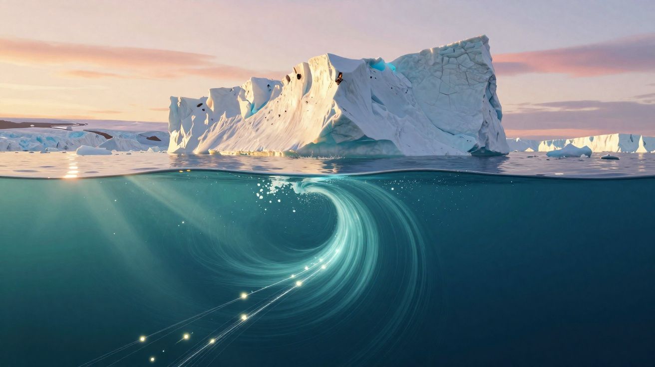 Iceberg flutuando com luzes brilhantes subaquáticas formando um redemoinho no mar calmo ao pôr do sol.