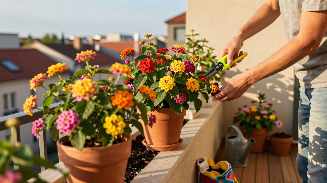 Pessoa cuidando de flores coloridas em vasos de cerâmica na sacada ensolarada de um apartamento.