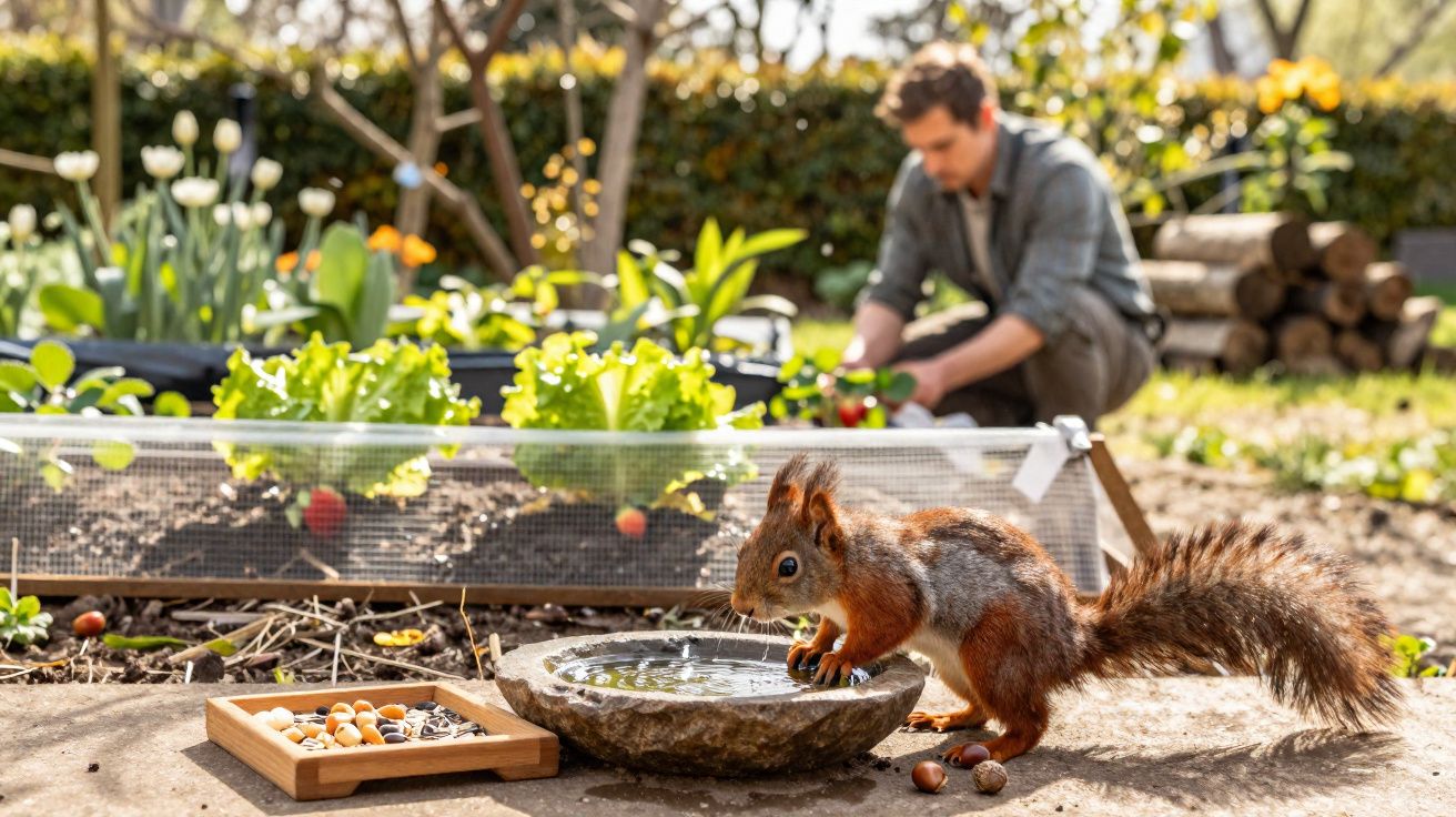 Esquilo bebendo água em um jardim com uma pessoa cuidando das plantas ao fundo.