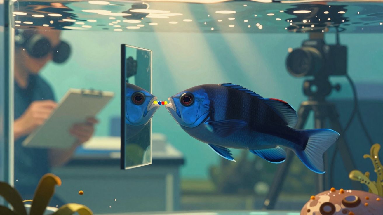 Peixe azul em aquário interagindo com tela digital, com pesquisador e câmera ao fundo desfocados.