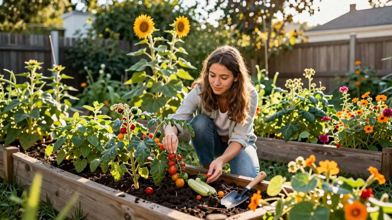Mulher colhendo tomates em jardim com plantas e flores ao pôr do sol.