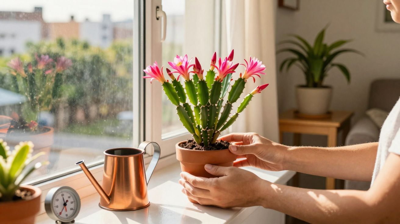 Pessoa segurando vaso com cacto florido rosa em peitoril de janela ensolarada, regador e termômetro ao lado