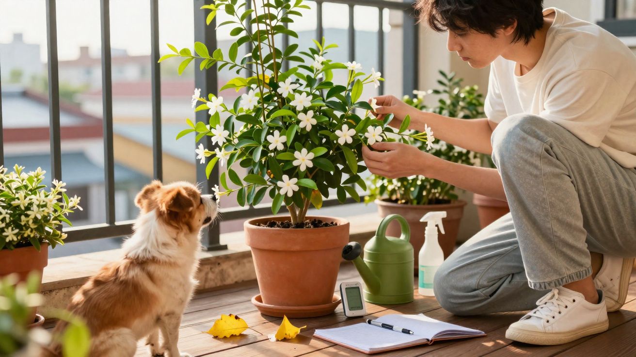 Pessoa cuidando de planta florida em vaso no terraço com cachorro observando ao lado.
