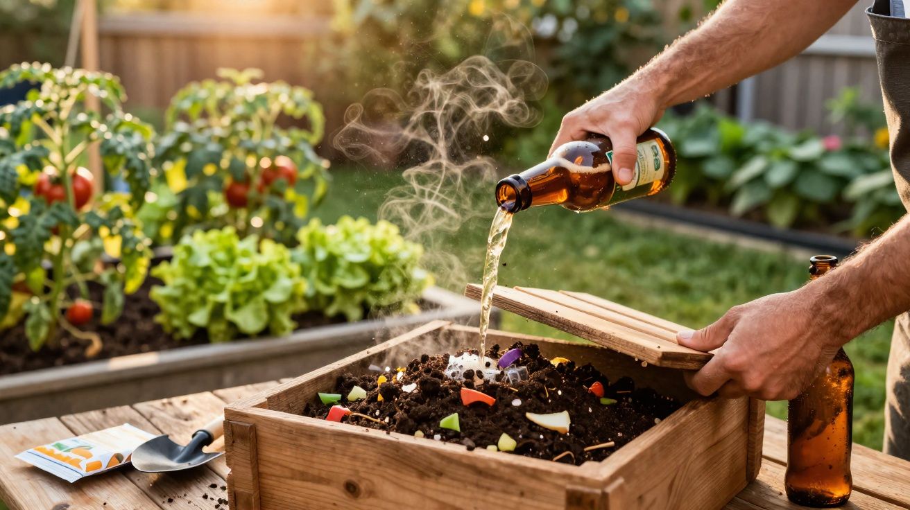 Pessoa despejando líquido fermentado em caixa de compostagem caseira em jardim ensolarado.