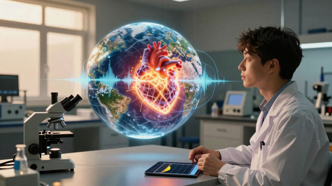 Cientista em laboratório observa holograma de coração brilhante sobre imagem do planeta Terra.