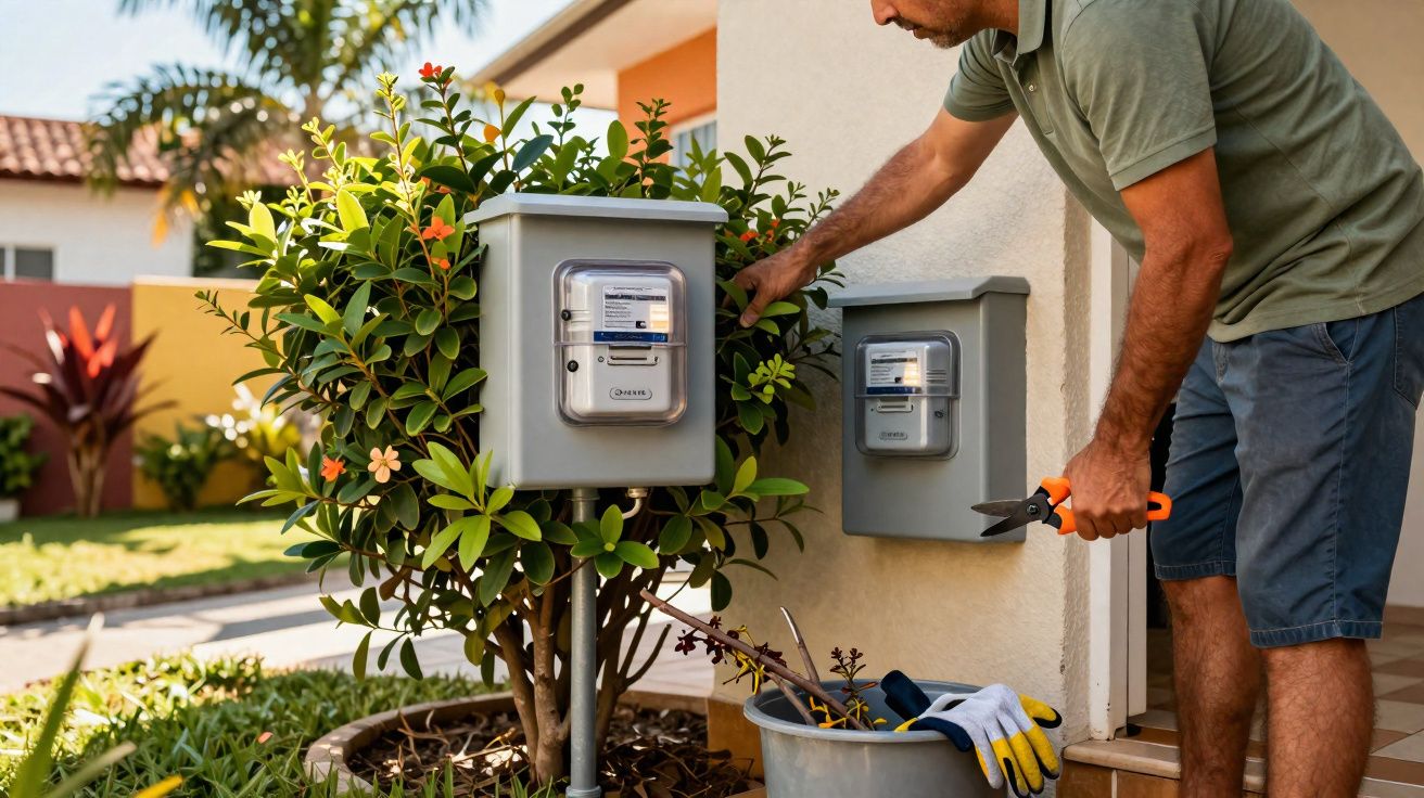 Homem poda arbusto próximo a relógios de medição de energia elétrica na entrada de uma casa.