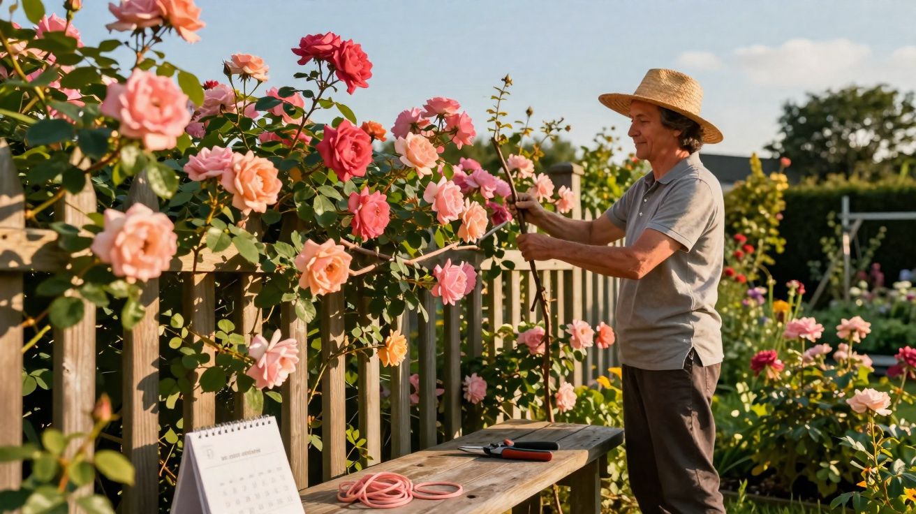 Homem com chapéu cuidando e podando rosas rosas e vermelhas em jardim ensolarado ao lado de cerca de madeira.