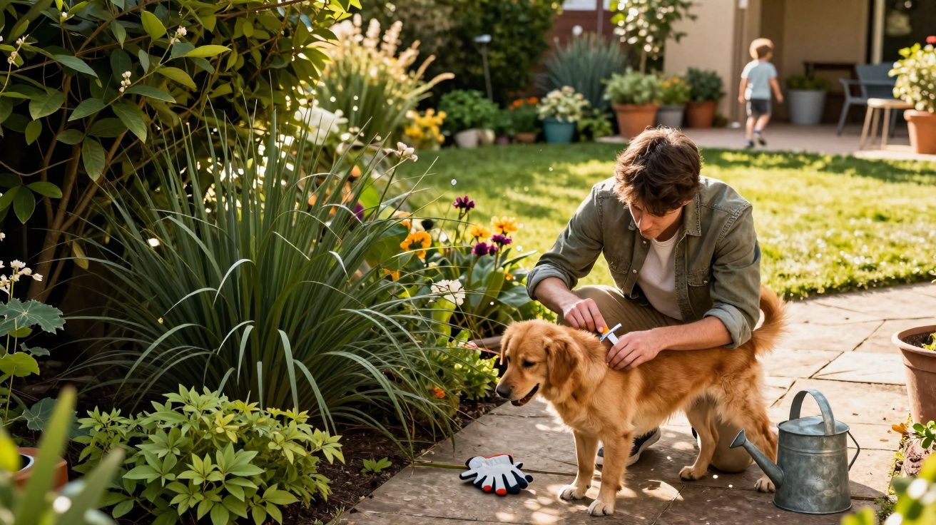 Homem aplicando medicamento em cachorro dourado em jardim ensolarado com plantas e flores.