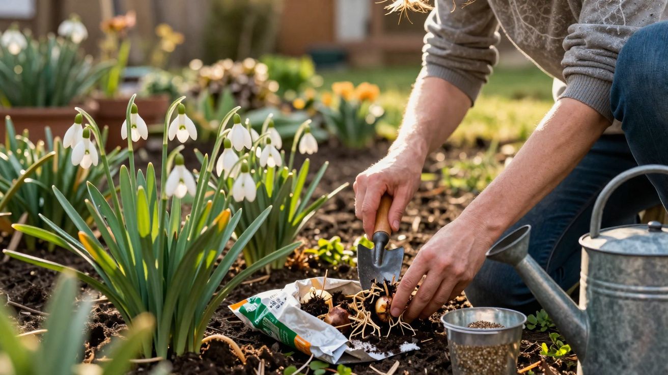 Pessoa plantando bulbos de flores brancas em jardim ao ar livre com regador e solo preparado.