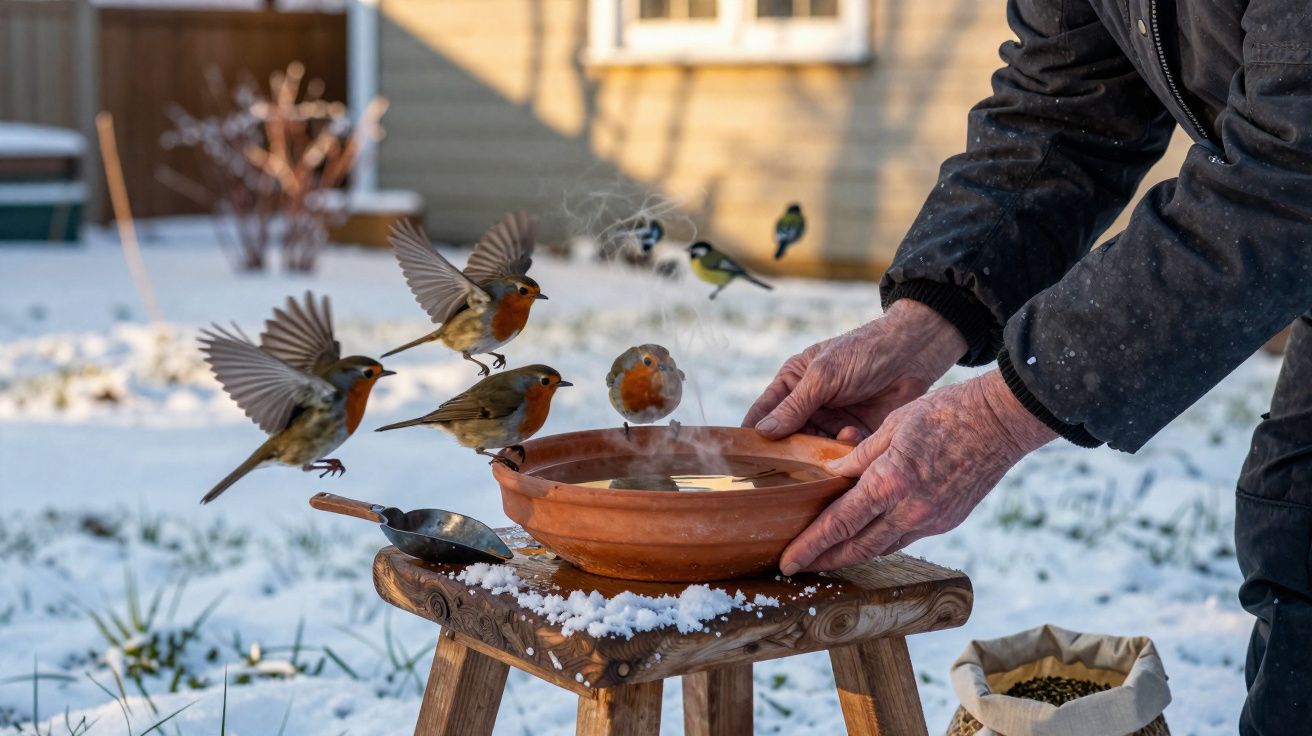 Mãos seguram vasilha com água sobre banco de madeira enquanto pássaros se aproximam para beber na neve.