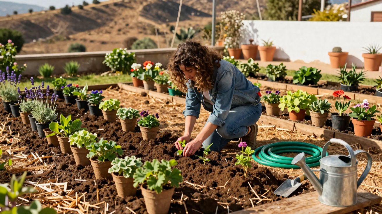 Mulher planta flores em canteiro de terra cercado por vasos e ferramentas de jardinagem.