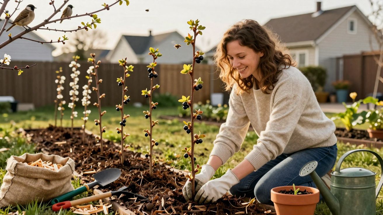 Mulher sorrindo cuida de plantas em jardim ensolarado com ferramentas e regador ao redor.