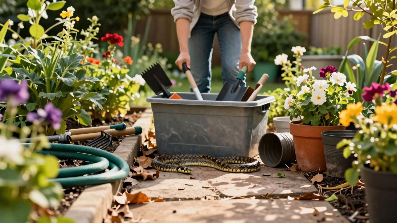 Pessoa segurando ferramentas de jardinagem perto de diversas flores e uma cobra no chão.