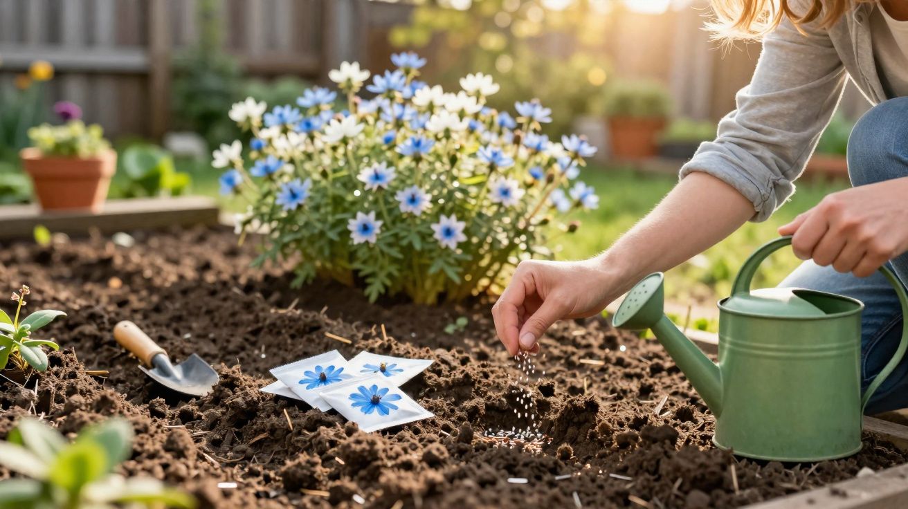 Pessoa plantando sementes em canteiro de jardim com regador verde ao lado e flores azuis ao fundo.