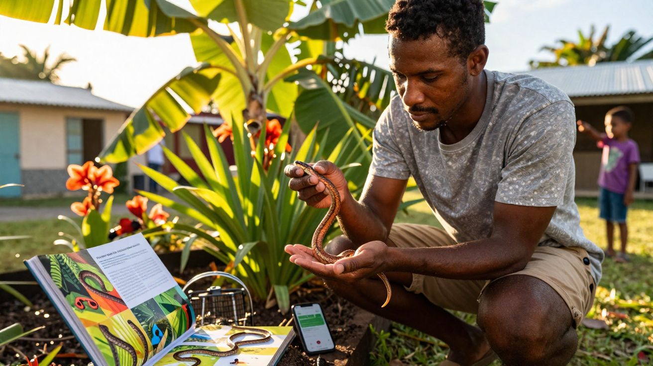 Homem observando cobra em área externa com livro aberto e planta ao fundo em dia ensolarado.