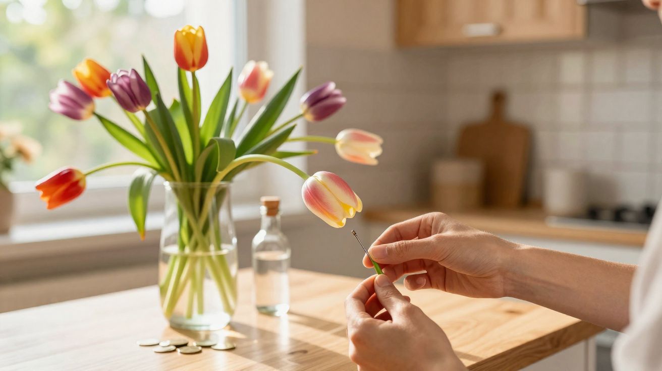 Pessoa montando um buquê de tulipas coloridas em vaso de vidro sobre mesa de madeira.