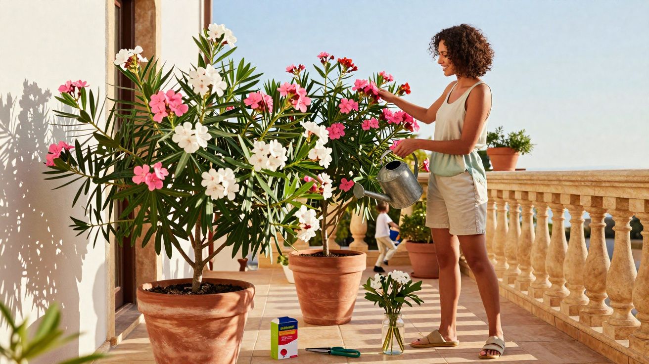 Mulher regando plantas floridas em vasos grandes em varanda ensolarada com céu azul ao fundo.