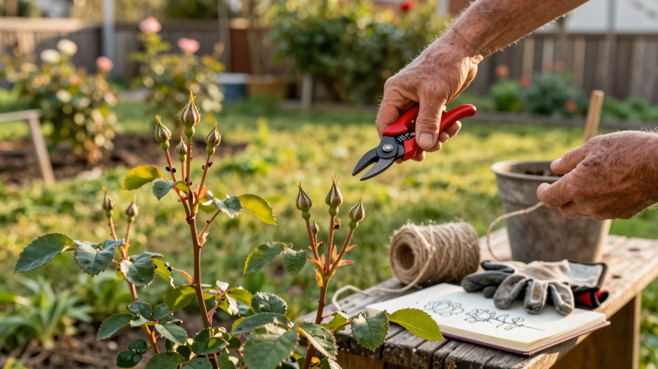 Mãos podando botões de rosa com tesoura de jardinagem em jardim, com ferramentas e caderno ao fundo.