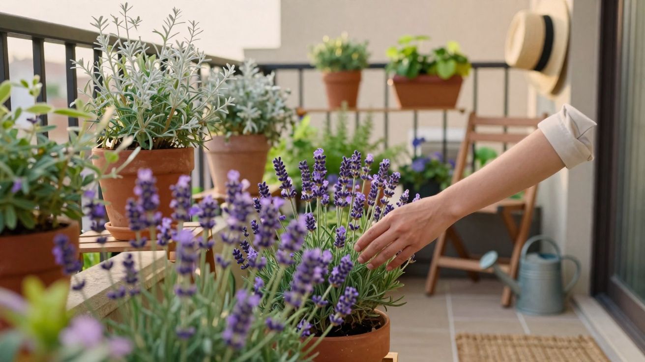 Mão tocando flores de lavanda em vaso em varanda com outros vasos e móveis de madeira.