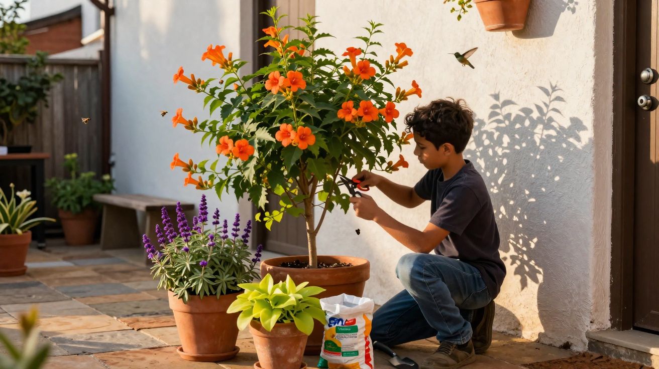 Menino cuidando de plantas em vasos com flores coloridas em um pátio ensolarado.