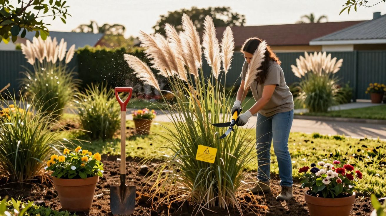 Mulher cuidando de plantas em jardim com flores e grama ornamental ao amanhecer.