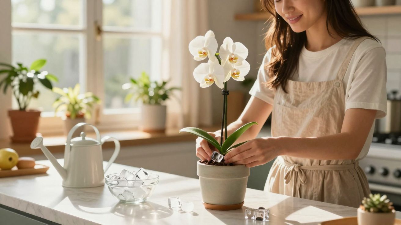 Mulher regando orquídea branca com cubos de gelo em vaso na cozinha iluminada pelo sol.