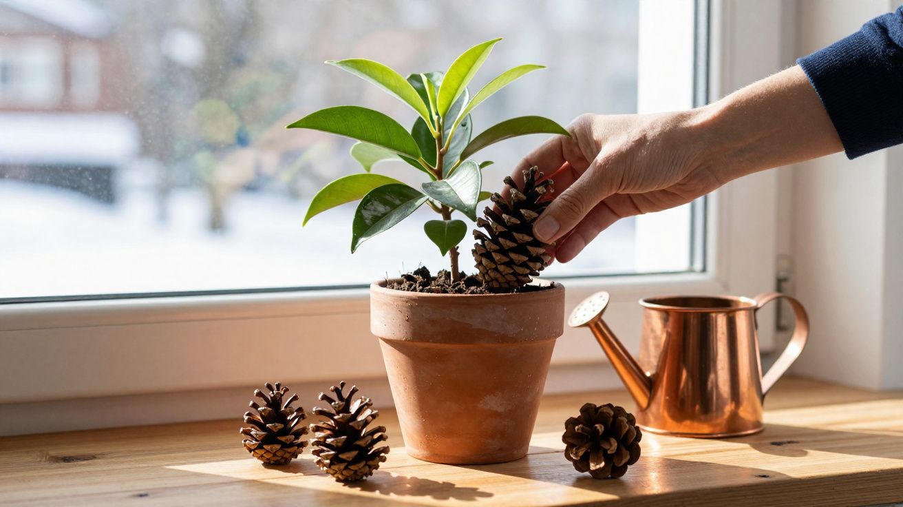 Mão colocando uma pinha em vaso com planta ao lado de regador e outras pinhas sobre bancada perto da janela.