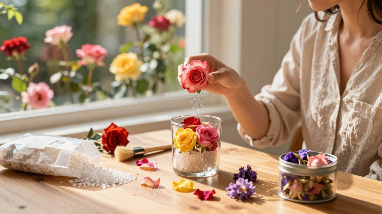 Pessoa colocando uma rosa em vaso de vidro com flores coloridas e cristais decorativos na mesa.