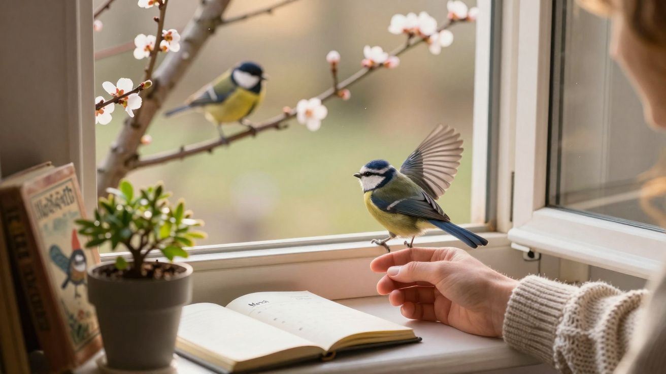 Pessoa alimenta passarinho azul em janela aberta, com planta e caderno em cima do peitoril.