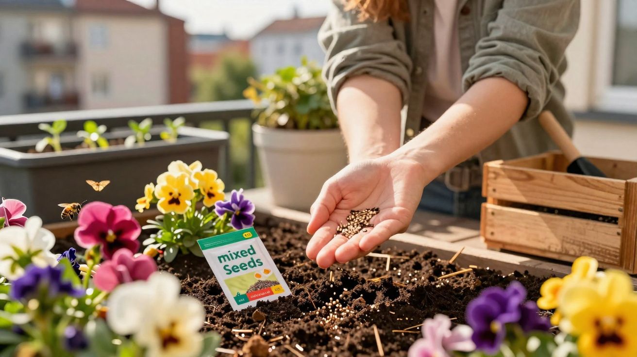 Pessoa plantando sementes em vaso com flores coloridas em varanda ensolarada.