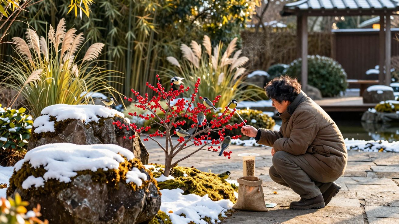 Pessoa alimentando pássaros em jardim de inverno com neve, arbustos e pedras cobertas de musgo.