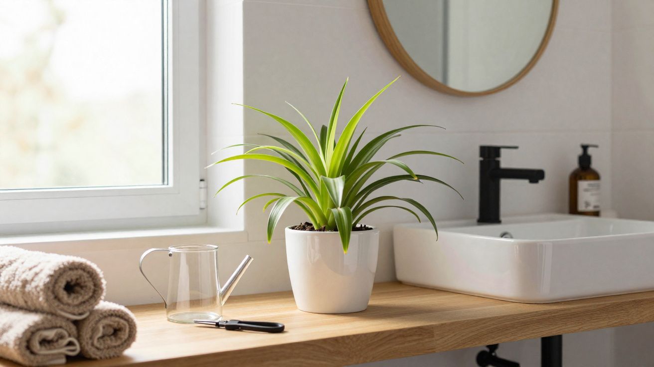Vaso com planta verde, toalhas enroladas, regador e pia branca sobre bancada de madeira.