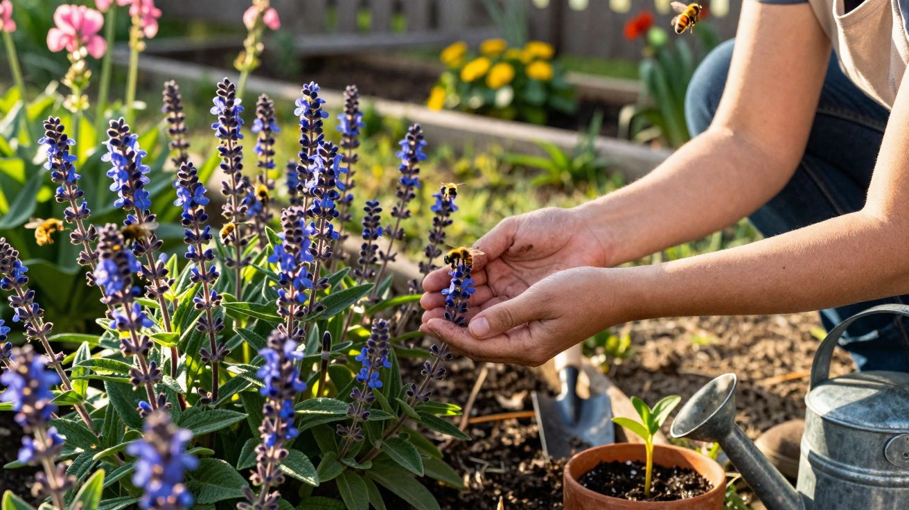 Pessoa cuidando de flores roxas com abelhas em jardim ensolarado, com regador e vaso próximo.