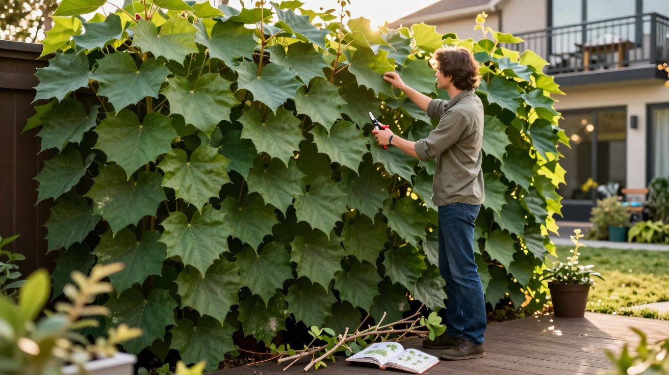 Homem com tesoura de poda cuidando de planta grande em jardim residencial ao entardecer.