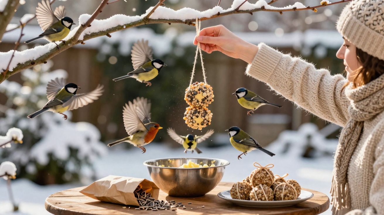 Mulher vestindo tricô alimenta pássaros com bolas de sementes em galho coberto de neve.