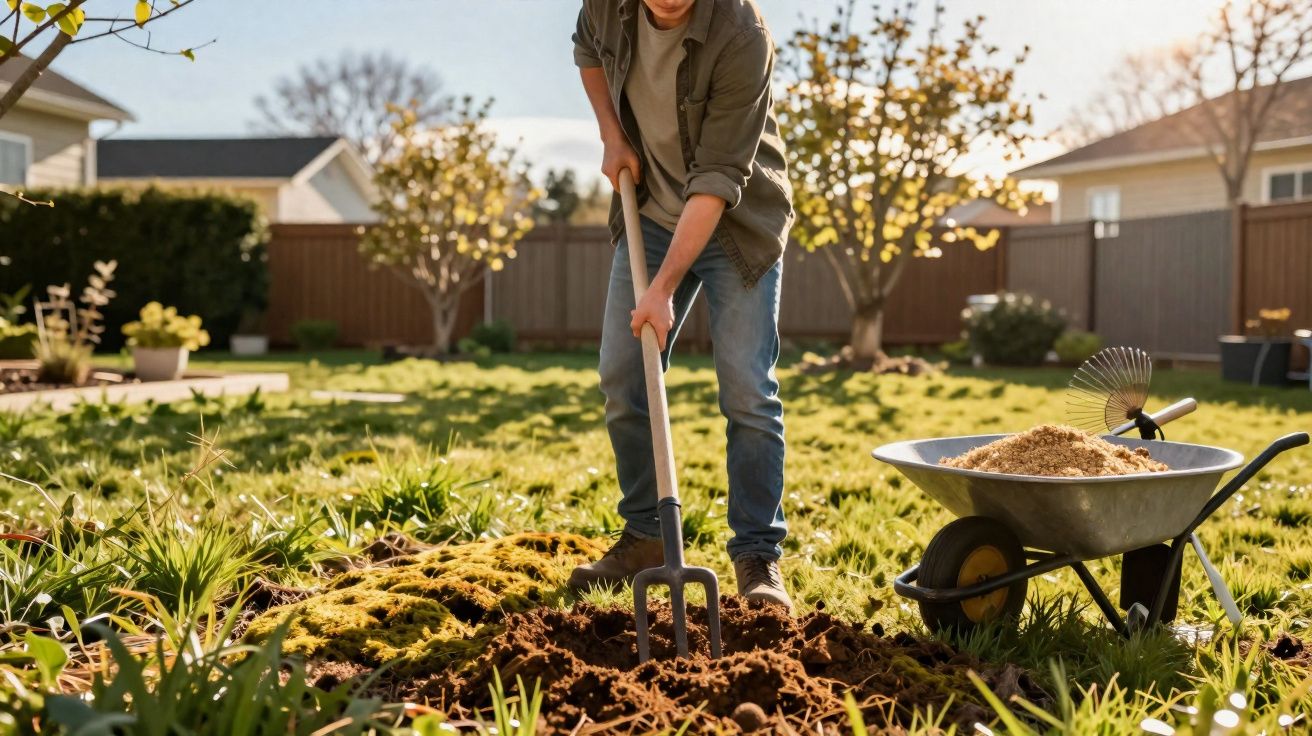 Pessoa cavando terra em um jardim com carrinho de mão cheio de areia ao lado, em dia ensolarado.