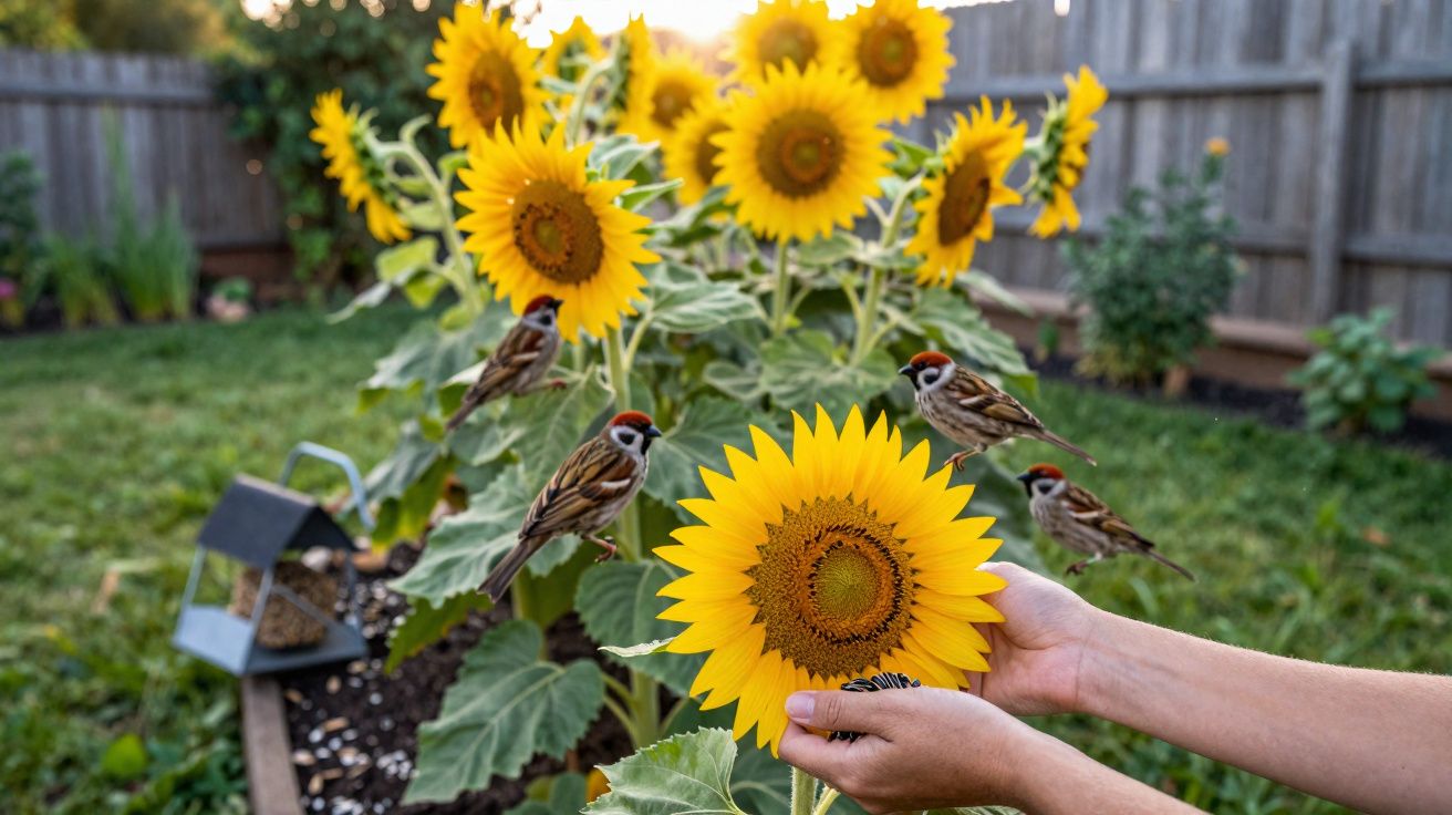 Pessoas segurando girassol com pássaros pousados e plantação de girassóis ao fundo em jardim cercado.