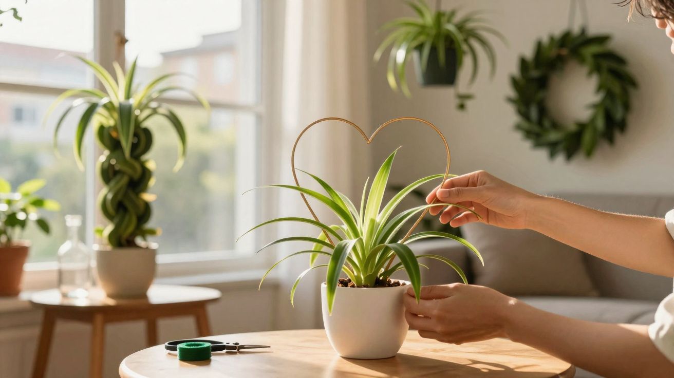 Pessoa cuidando de planta em vaso branco com suporte em forma de coração em ambiente iluminado.