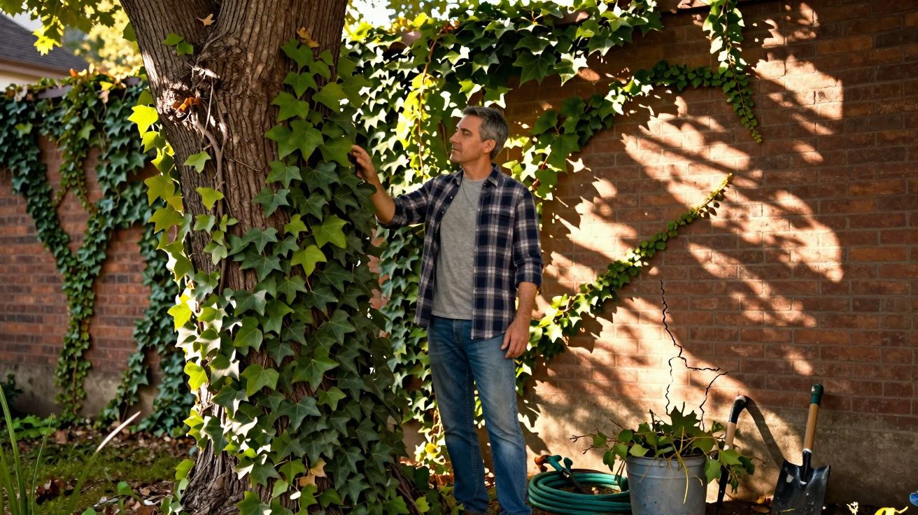 Homem cuidando de planta trepadeira em árvore, jardim com ferramentas e parede de tijolos ao fundo.